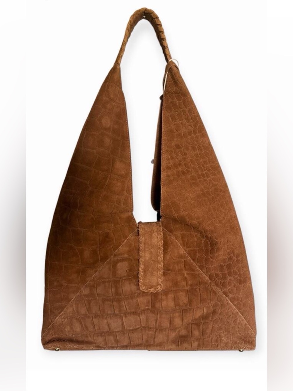 NWT! Haute Hippie Triangle Suede Brown Croc Embossed Hobo Shoulder Bag - Picture 2 of 7